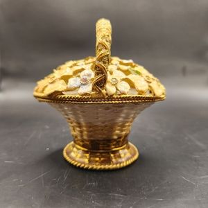 Vintage Enamel Metal Flower Basket Music Box Jeweled Rhinestone